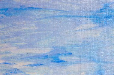 yaratıcı gökyüzü arkaplanı: renkli astar boya ile kaba bir tuval üzerinde bulutlu mavi cennetin geçici görüntüsü 