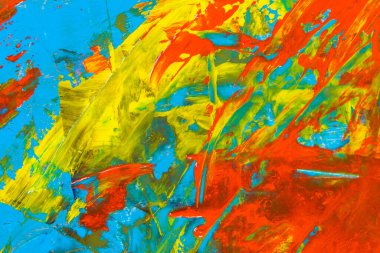 Renkli yaratıcı arkaplan: Ahşap bir palette yağlı boya kalıntıları, kısa odak, seçici bulanık