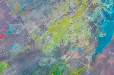 Renkli yaratıcı arkaplan: Ahşap bir palette yağlı boya kalıntıları, kısa odak, seçici bulanık