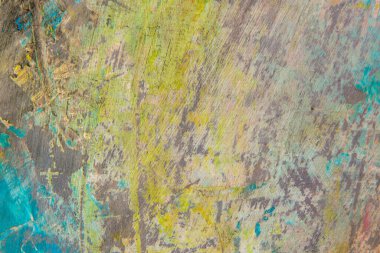 Renkli yaratıcı arkaplan: Ahşap bir palette yağlı boya kalıntıları, kısa odak, seçici bulanık