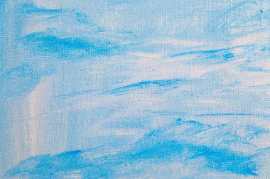 yaratıcı gökyüzü arkaplanı: renkli astar boya ile kaba bir tuval üzerinde bulutlu mavi cennetin geçici görüntüsü 