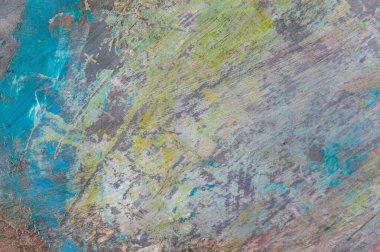 Renkli yaratıcı arkaplan: Ahşap bir palette yağlı boya kalıntıları, kısa odak, seçici bulanık