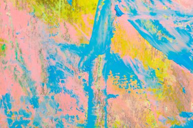 Renkli yaratıcı arkaplan: Ahşap bir palette yağlı boya kalıntıları, kısa odak, seçici bulanık