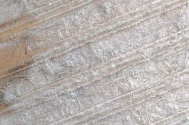 Kış buzlu arkaplan: kar taneleri ve buzullarla kaplı tahtalar, buz kalıpları, ahşap dokusu, kapat, tonu 