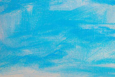 yaratıcı gökyüzü arkaplanı: renkli astar boya ile kaba bir tuval üzerinde bulutlu mavi cennetin geçici görüntüsü 