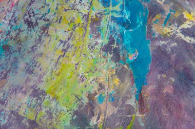 Renkli yaratıcı arkaplan: Ahşap bir palette yağlı boya kalıntıları, kısa odak, seçici bulanık