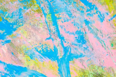 Renkli yaratıcı arkaplan: Ahşap bir palette yağlı boya kalıntıları, kısa odak, seçici bulanık