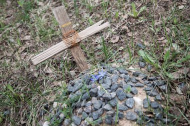 grave of a beloved pet made by a child, a mound with a rough cross, flowers  clipart