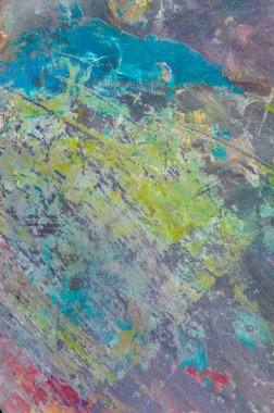 Renkli yaratıcı arkaplan: Ahşap bir palette yağlı boya kalıntıları, kısa odak, seçici bulanık