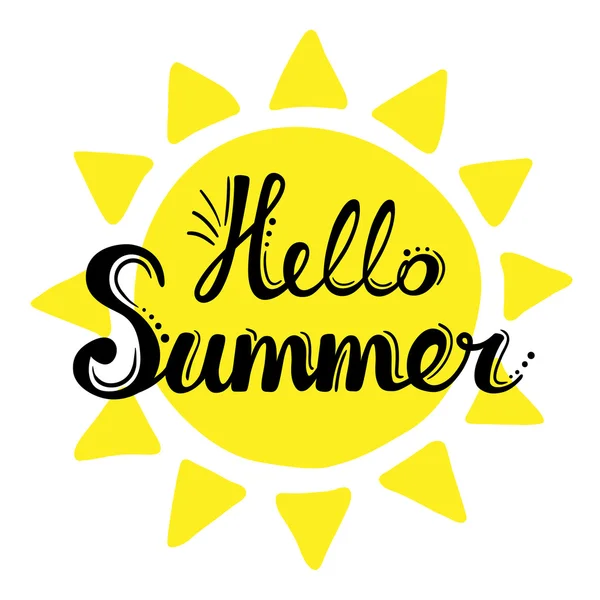 Schriftzug hallo Sommer auf dem Hintergrund der Sonne. Vektor Hand gezeichneten Hintergrund. — Stockvektor