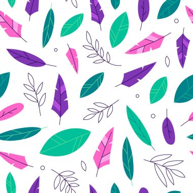Beyaz arka planda yapraklar ve tüyler pürüzsüz desen. Modaya uygun renklerde doğa vektörü arkaplanı.