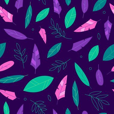 Koyu arkaplanda yapraklar ve tüyler pürüzsüz desen. Modaya uygun renklerde doğa vektörü arkaplanı.