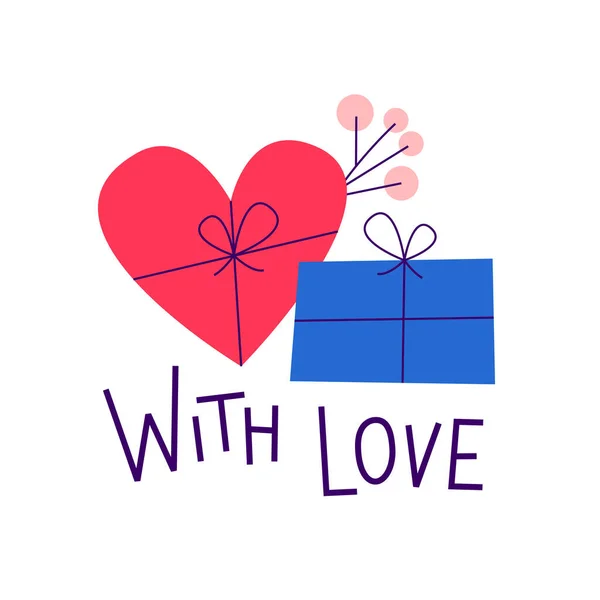 Tarjeta de San Valentín. Con amor. Cita romántica con cajas de regalo. Ilustración vectorial para tarjetas de felicitación. — Vector de stock