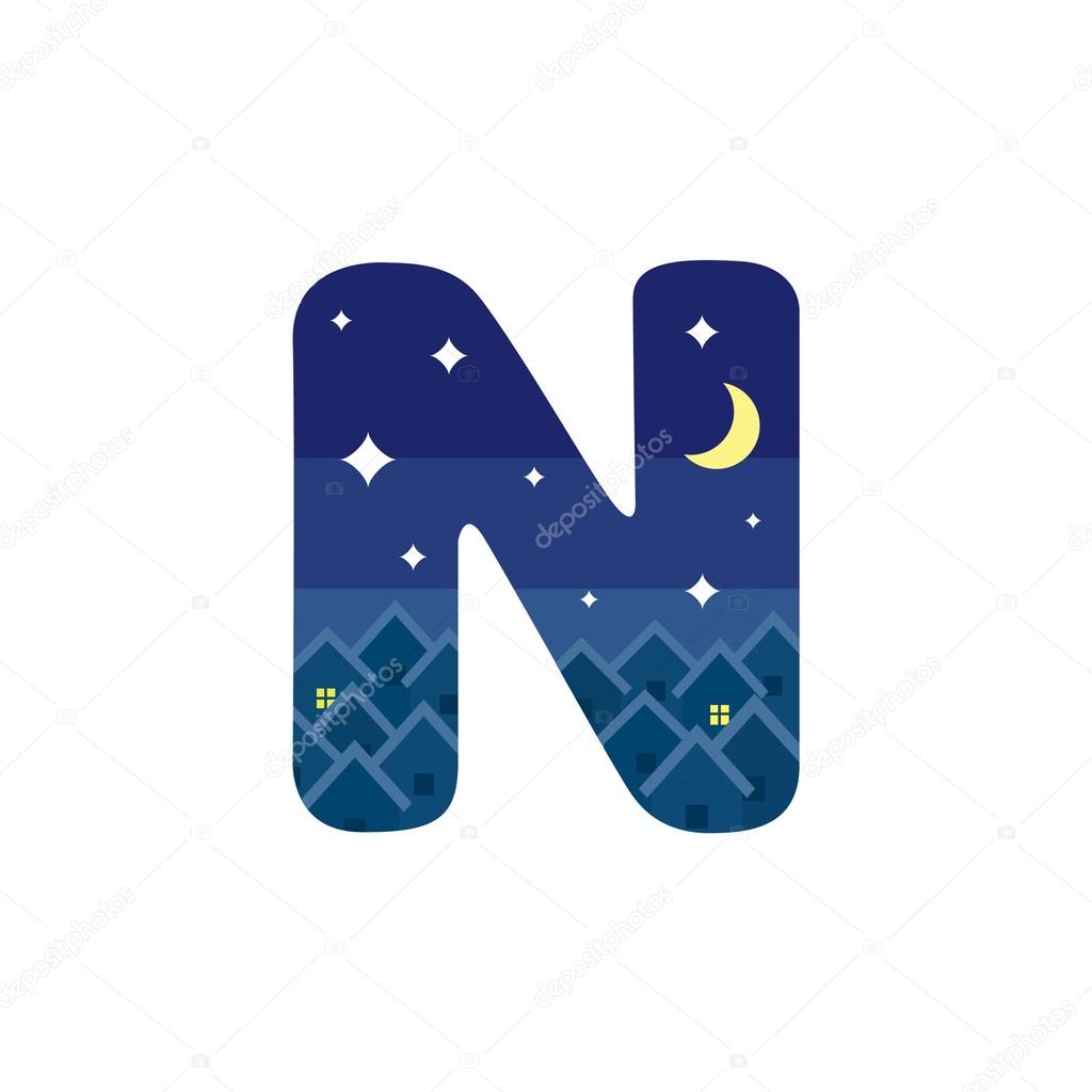 Letter N in the form of a night scene. Design element is perfect for logos, icons, children's alphabet and play.