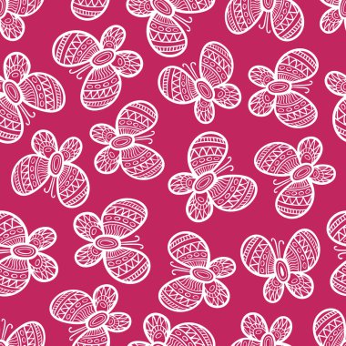 Pembe arka plan üzerinde beyaz süslü kelebek. Güzel seaml