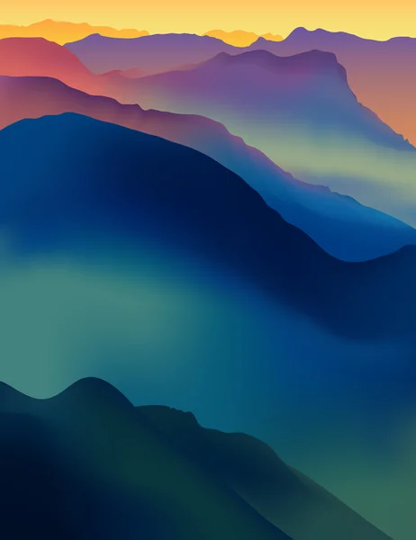 Paisaje con coloridas montañas al atardecer o al amanecer . — Vector de stock