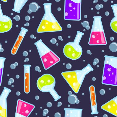 Test tüpleri, kadehler, şişeler ve kabarcıklar seamless modeli.