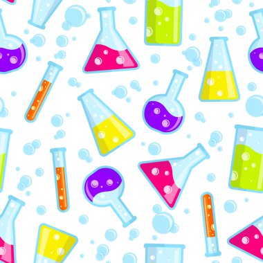 Test tüpleri, kadehler, şişeler ve kabarcıklar seamless modeli.