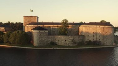 Drone view on Vaxholm kastell in Sunset, Stockholm takımadaları
