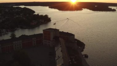 Drone view on Vaxholm kastell in Sunset, Stockholm takımadaları