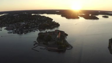 Drone view on Vaxholm kastell in Sunset, Stockholm takımadaları