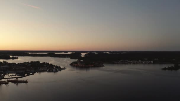 Drone view over Vaxholm kastell in sunset, Stockholm archipelago — 비디오