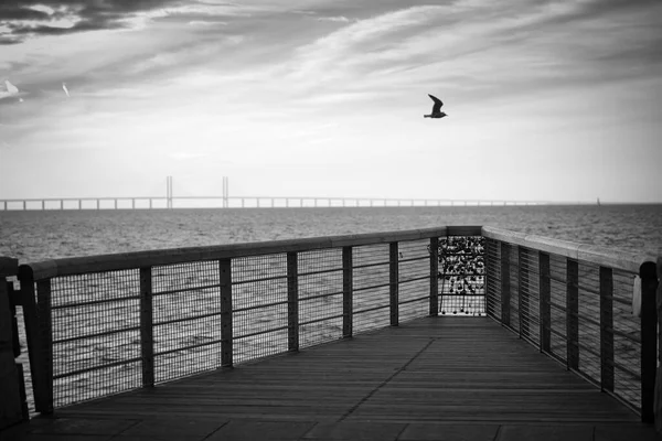 210501 Malmo Suécia - Foto preto e branco sobre Oresundsbron entre Suécia e Dinamarca. — Fotografia de Stock