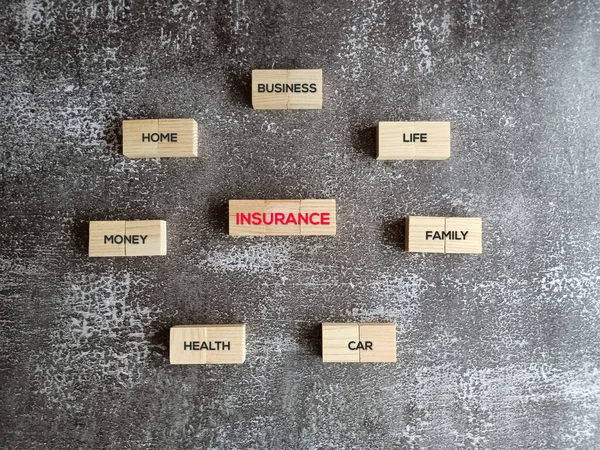 Insurance coverage word on wood block flat lay concept.