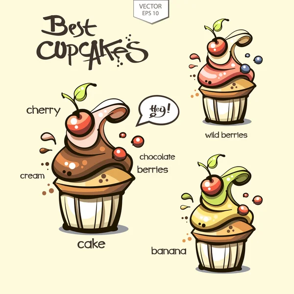 Conjunto de cupcakes saborosos — Vetor de Stock
