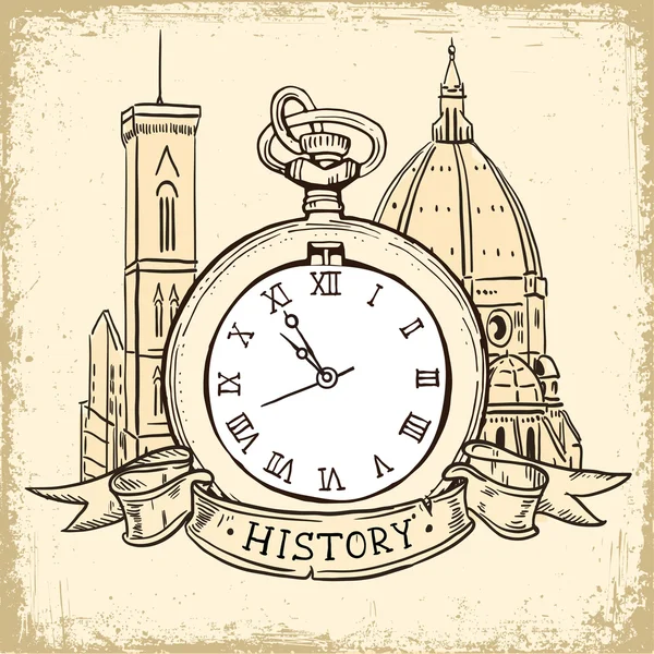 El concepto de fondo sobre la historia, la arquitectura de la catedral y el reloj de bolsillo en estilo vintage . — Vector de stock