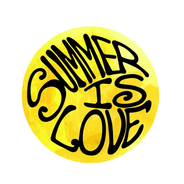 L'été est amour vintage grunge lettrage à la main en cercle jaune ensoleillé — Image vectorielle