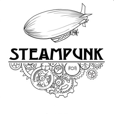 Steampunk etiket Sanayi makineleri dişlileri zincirleri ve teknik elemanları, el çizilen illüstrasyon