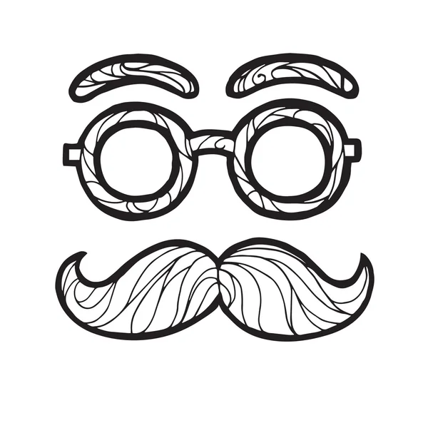 Ilustração vetorial de esboço bigode masculino estilo hipster na moda, óculos redondos — Vetor de Stock