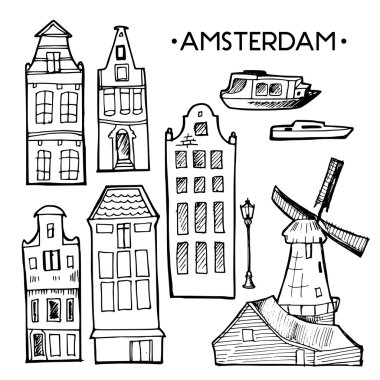 Arka plan ile elle çizilmiş doodle Amsterdam evler. İzole siyah ve beyaz. İllüstrasyon vektör.