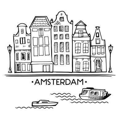 Arka plan ile elle çizilmiş doodle Amsterdam evler. İzole siyah ve beyaz. İllüstrasyon vektör.