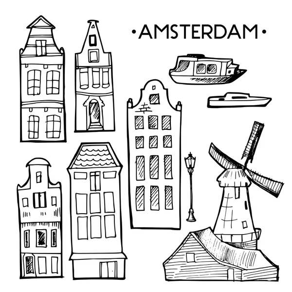 Arka plan ile elle çizilmiş doodle Amsterdam evler. İzole siyah ve beyaz. İllüstrasyon vektör.
