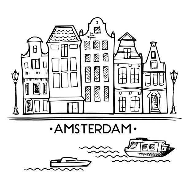 Background with hand drawn doodle Amsterdam houses. Isolated black and white. Illustration vector.