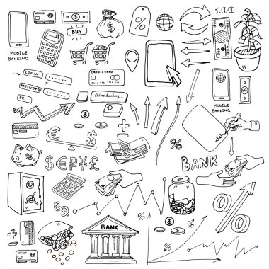Para, bütçe tasarruf, vb Infographic konu için büyük elle çizilmiş öğeleri koleksiyonu. Mobil banka veya çevrimiçi mağaza Infographics öğeleri kümesi