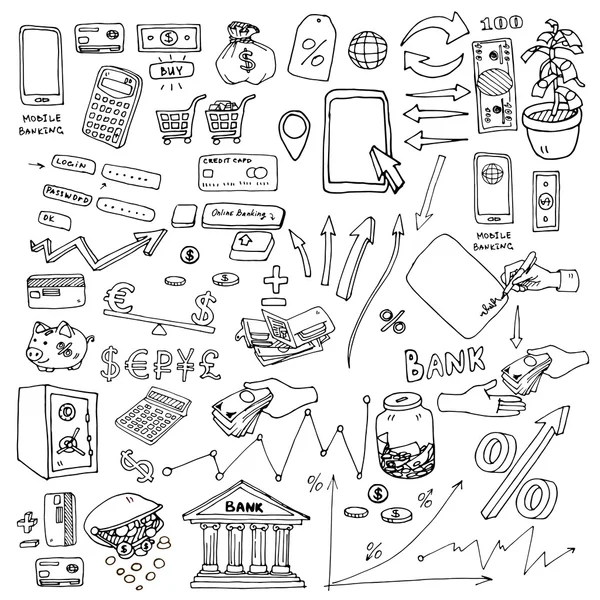 Para, bütçe tasarruf, vb Infographic konu için büyük elle çizilmiş öğeleri koleksiyonu. Mobil banka veya çevrimiçi mağaza Infographics öğeleri kümesi