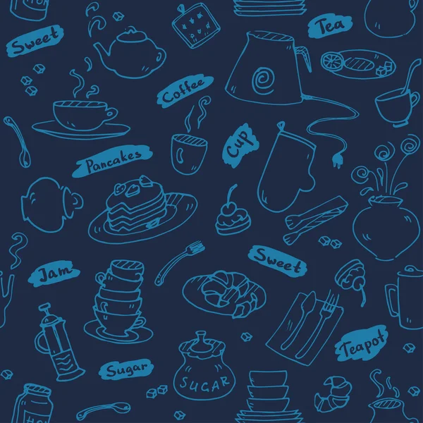 Τσάι κόμμα κουζίνα εργαλεία χωρίς ραφή πρότυπο σκίτσο μπλε χρώμα — Διανυσματικό Αρχείο