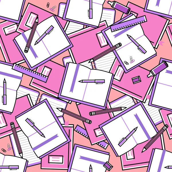 Pink color books pattern, notebooks, pens, vector seamless pattern learning about education and office work — Stock Vector