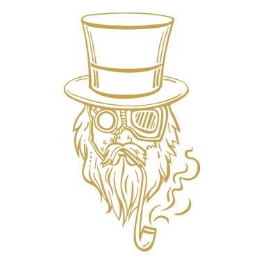 Silindir şapka ve gözlük sakal bıyık vektör çizim bir sigara boru ile Steampunk yaşlı adam