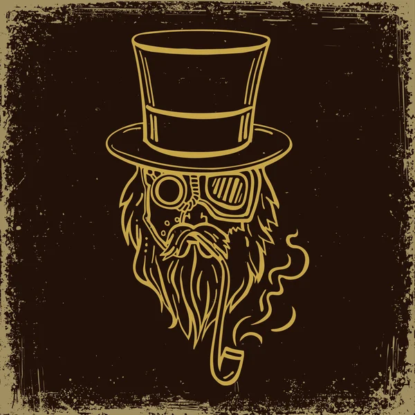 Hombre viejo Steampunk en sombrero de copa y gafas con el bigote barba una pipa humeante en ilustración vectorial — Archivo Imágenes Vectoriales