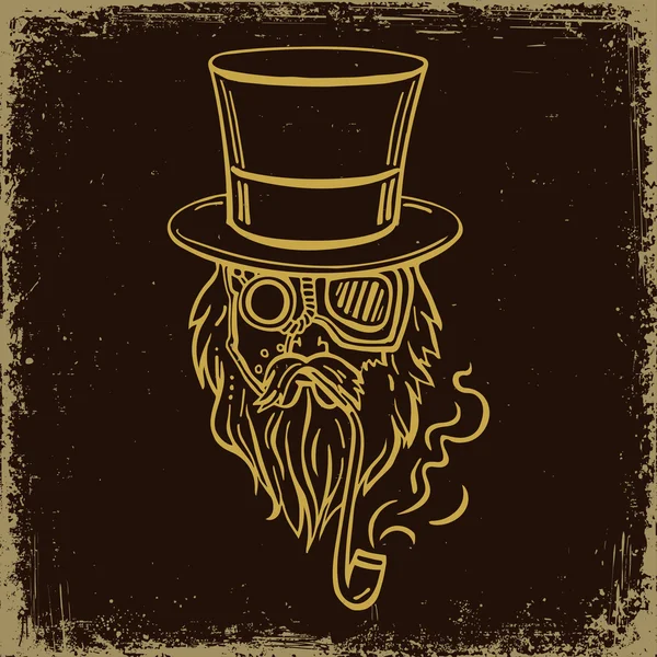 Silindir şapka ve gözlük sakal bıyık vektör çizim bir sigara boru ile Steampunk yaşlı adam