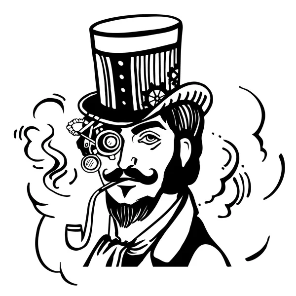 蒸汽朋克人顶帽子和眼镜，留着胡子胡子吸烟管在矢量图 — 图库矢量图片