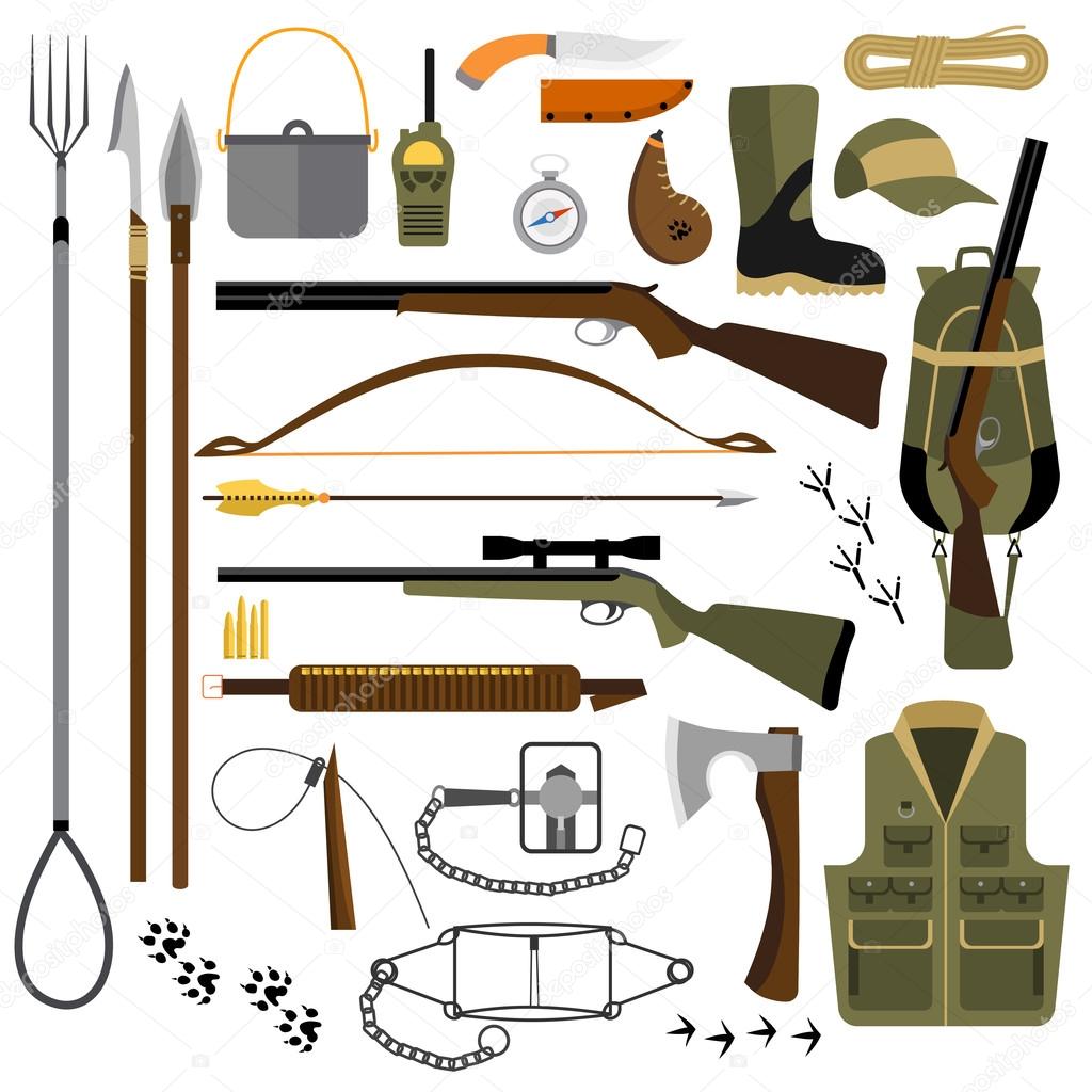 Vector flat illustration of hunting gear and weapons — Stock Vector