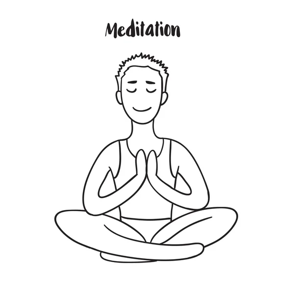 Young Man mediterar i lotusställning. Linjär disposition vektor illustration. — Stock vektor
