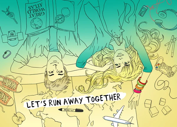 Jong (echt) paar familie plannen dromen wensen gelukkig reizen. Hand getrokken schets voor volwassen anti-stressprogramma kleurplaat — Stockfoto