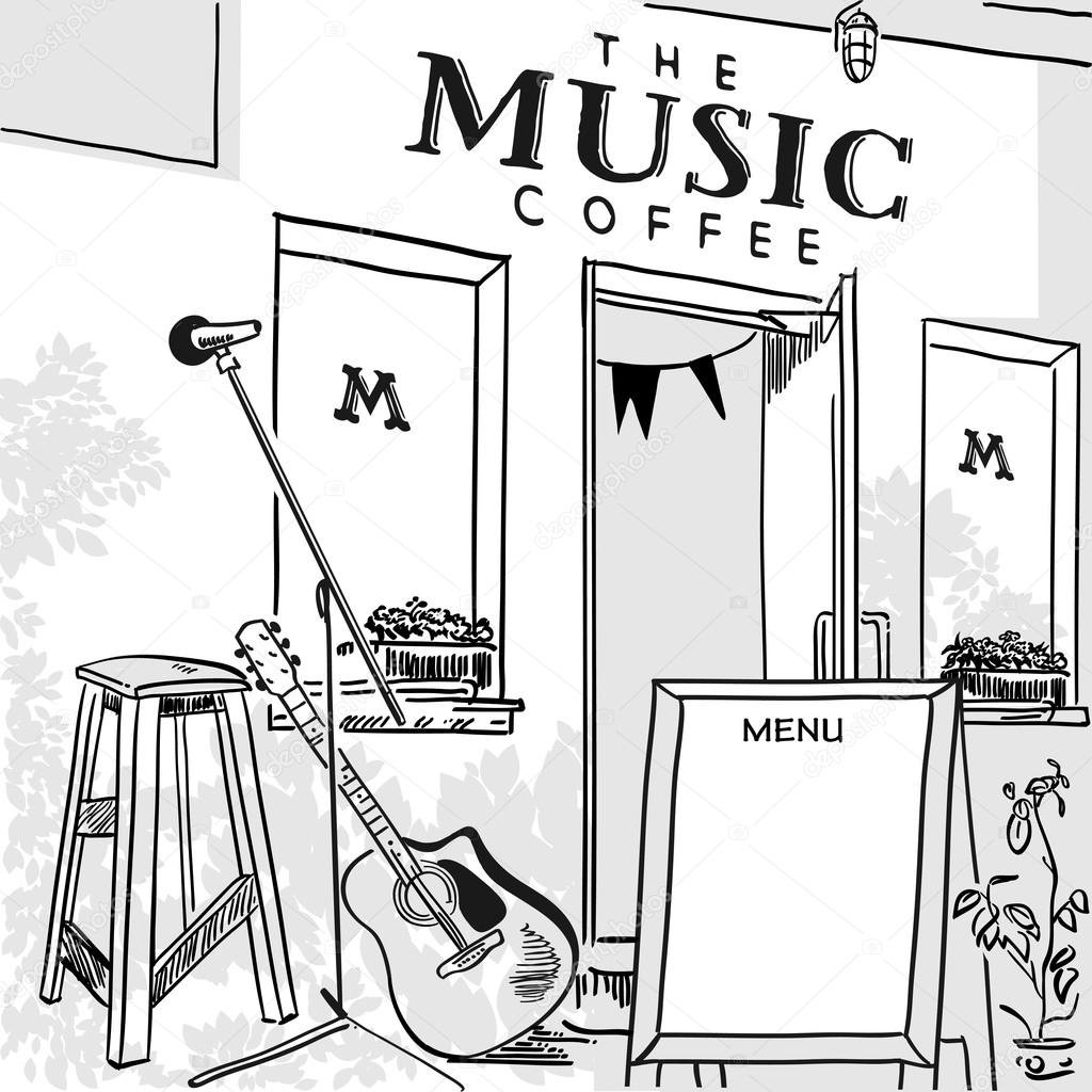 Poster for a music cafe, coffee shop front and a stage for live music