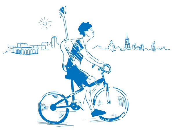 Muzician cu chitară plimbări cu bicicleta — Vector de stoc